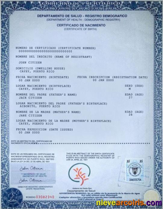 Puerto Rico certificate of birth